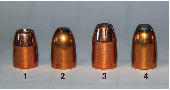 Bullets used to assemble handloads for the 400 Legend included: (1) Speer’s 165-grain Gold Dot pistol bullet, (2) Northern Precision’s 180-grain Round Nose Flat Tip (non-bonded), (3) Nosler’s 200-grain ASP pistol bullet and (4) Northern Precision’s 200-grain Flat Tip (non-bonded).